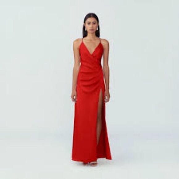 FAME & Partners Zarita Red Maxi Wrap Dress Matte Satin Glam Gown Strappy Slit 10 - Picture 2 of 10